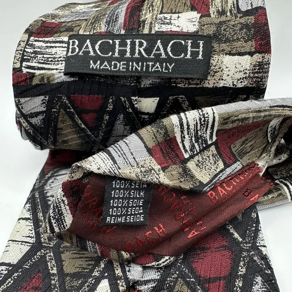 Bachrach‎ Tie Made In Italy 100% Silk Geometric Diamond Red Gray Black
